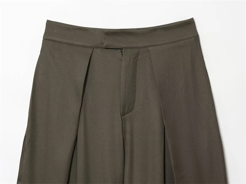 السراويل الطويلة النسائية 2025 الخريف الوافدين الجدد العسكرية الخضراء مطوي فضفاض بنطال ذو قصة أرجل واسعة موضة عادية أنيقة ومتعددة الاستخدامات #3