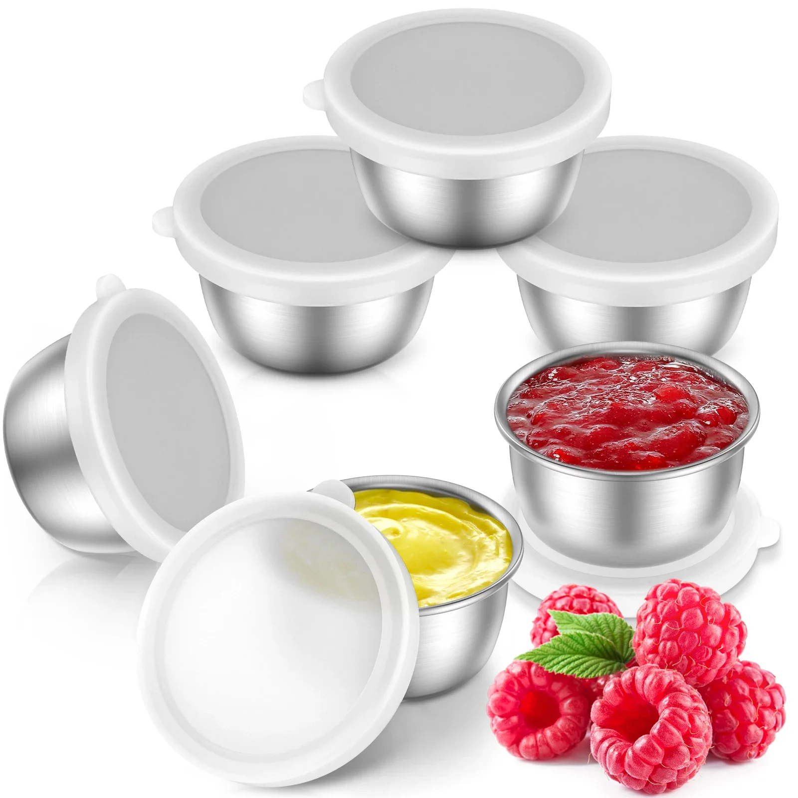 6Pcs Stainless Steel Sauce Cup with Lid Salad Container Reusable Salad Dressing Dish Portable Barbecue Spice Jar Kitchen Tool