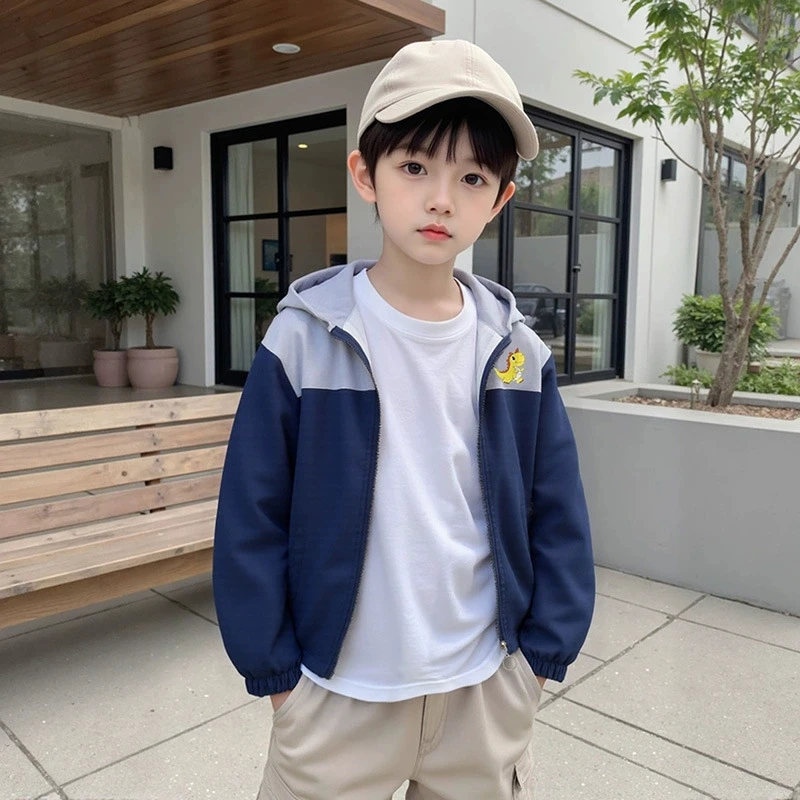1-6 Years Kids Cartoon Dinosaur Hooded Jacket Spring Autumn Boys Girls Fashion Color Blocking Windproof Zipper Outerwear