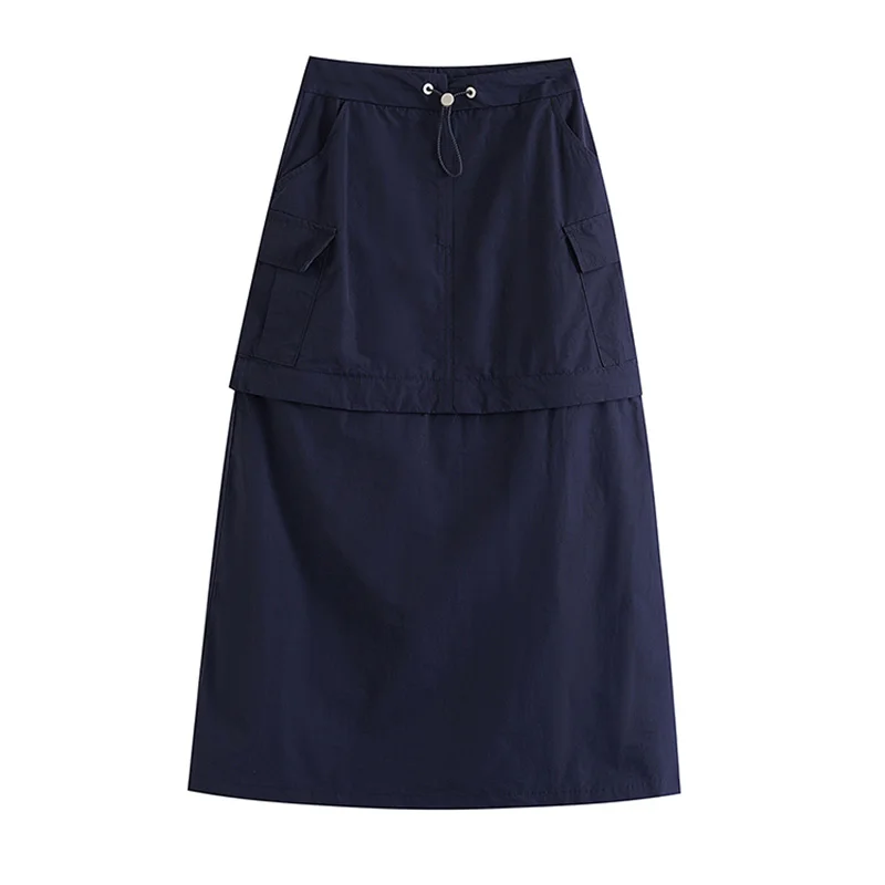 Letnia modna spódnica damska z niewidocznym zamkiem błyskawicznym, łączona, o średnim stanie, długa, prosta, w kształcie litery A, w jednolitym kolorze.