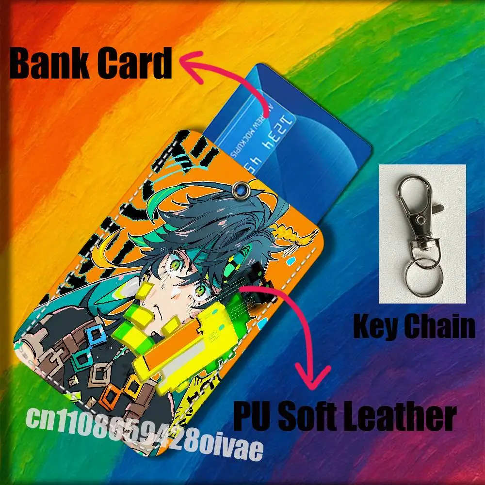 เคสใส่บัตรเครดิต/บัตรโดยสาร/บัตรประชาชน ลายเกม Genshin Impact พร้อมพวงกุญแจหนัง