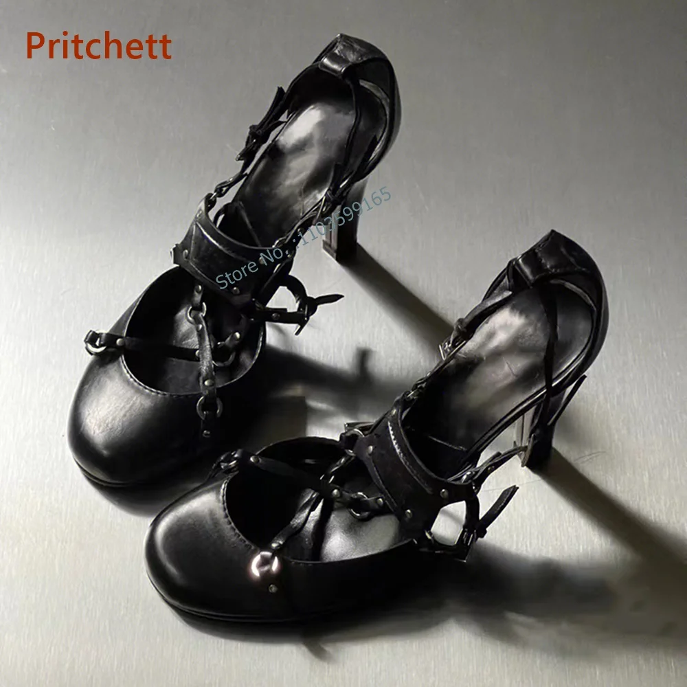 

Round Toe Metal Decoration Pumps Chunky High Heels Buckle Strap Women's Shoes Cross Band Summer Sexy Party Shoes