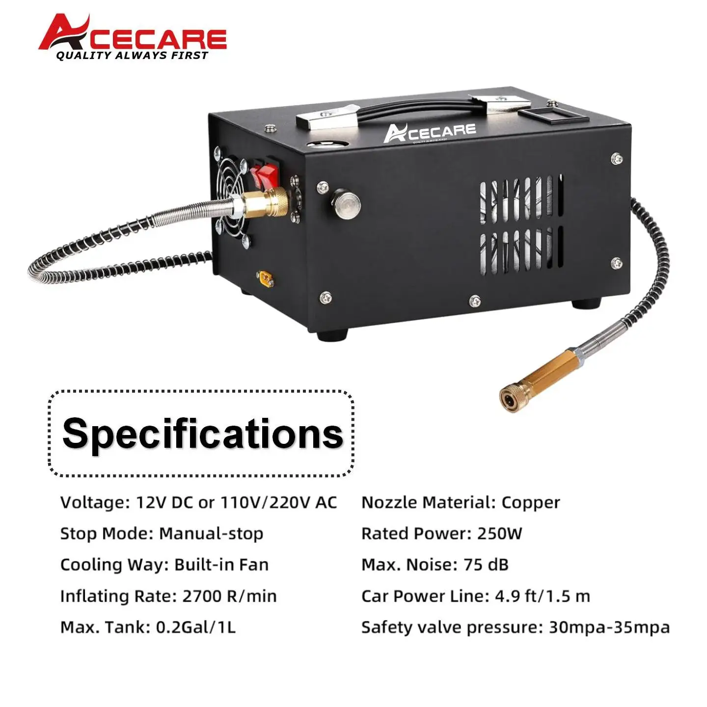 ACECARE-Compresseur d\'air PCP portable ES061, 4500psi, 300 bars, 12V DC/110V/220V, puissance HPA, sans huile/eau, pour plongée sous-marine