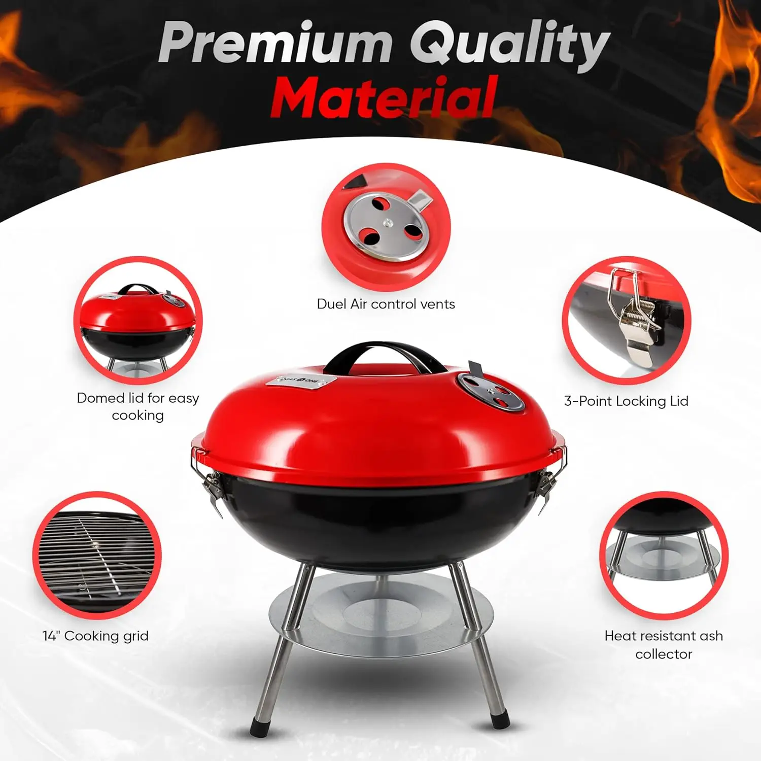 14-inch Portable Charcoal Grill, 3-Point Locking Lid for Heat Retention, Dual Venting for Outdoor Barbecue