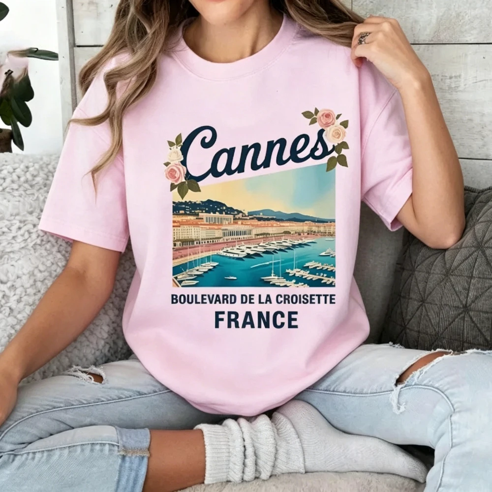 Vintage Cannes France T-Shirt French Riviera Travel Souvenir Clothing Modern and Trendy Summer Women Casual Cotton Short Sleeve