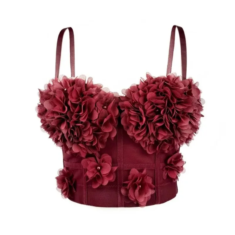 Spring Autumn Women's Underwear Short Slim Fishbone Bra with Pads Beads Three-dimensional Flowers Outerwear Wrapping the Chest