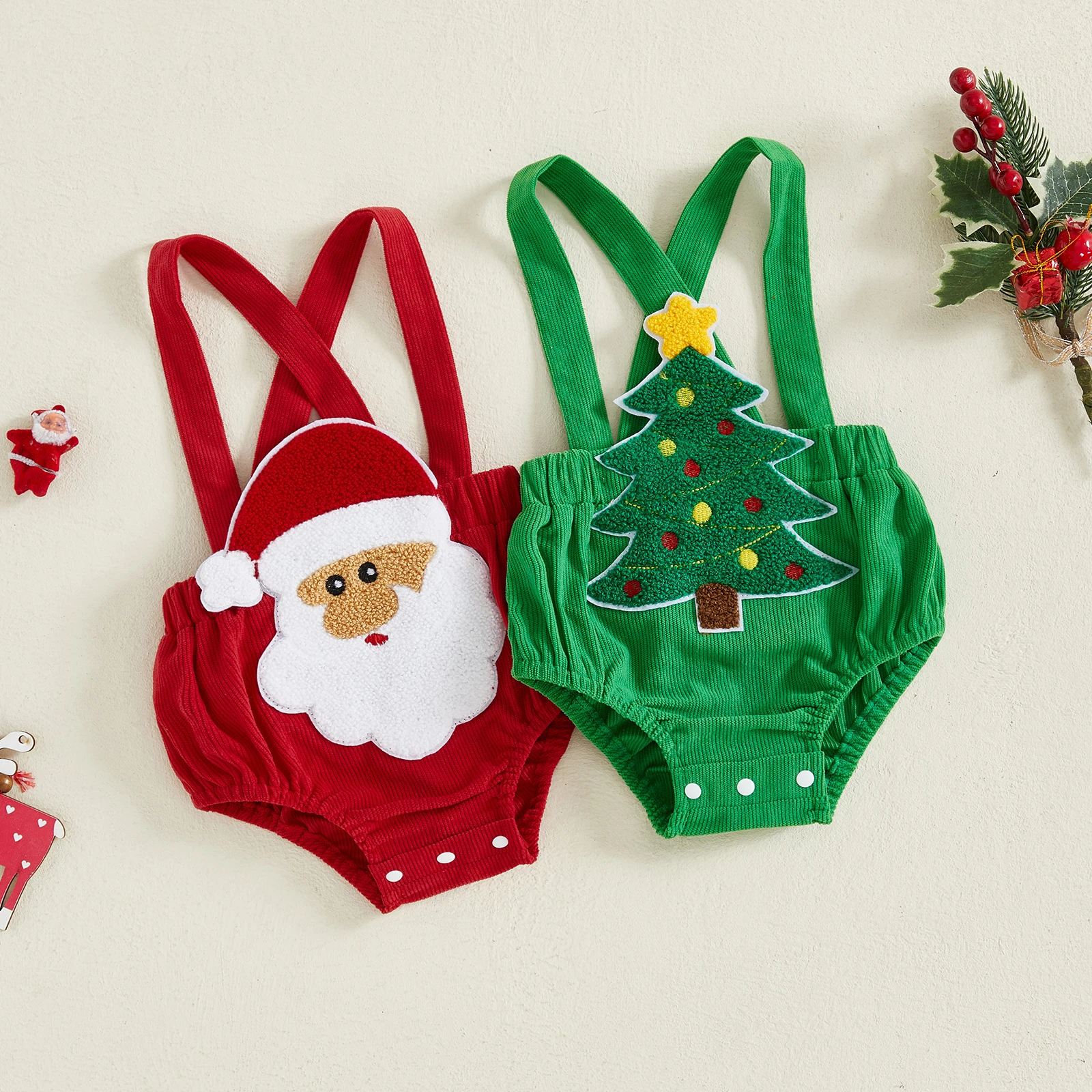 

Baby Christmas Romper Corduroy Loose Fit Christmas Tree/Santa Claus Cross Strap Sleeveless Infant Photography Jumpsuits