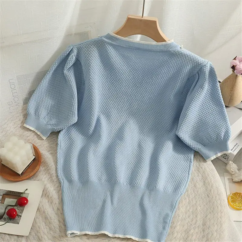 Women\'s Clothing Fashion Bow Knot Embroidered Flares Knit T-shirt Summer Elegant Solid Patchwork O-neck Short Sleeve Top Tees