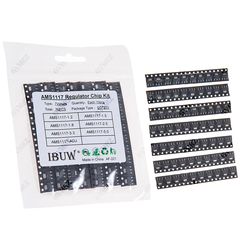 70PCS 7Values AMS1117 Regulator Chip Kit  (2.5/3.3/5.0/ADJ) for Arduino DIY Electronic Power Supply Project 1.2/1.5/1.8 SOT223