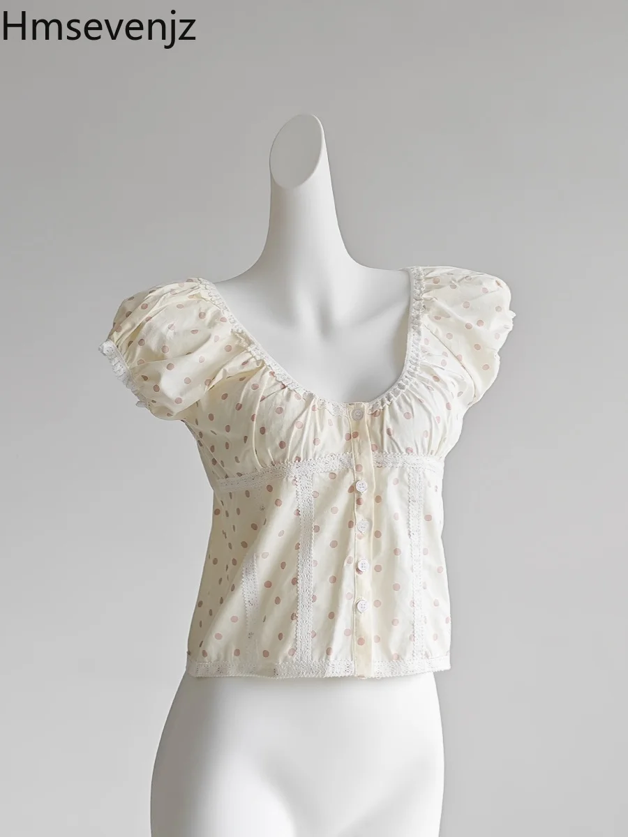 

Hmsevenjz Lace Polka Dot Short-sleeved Shirt for Women's Summer Pure Sexy V-neck Bubble Sleeve Shirt Fashion Female Clothes
