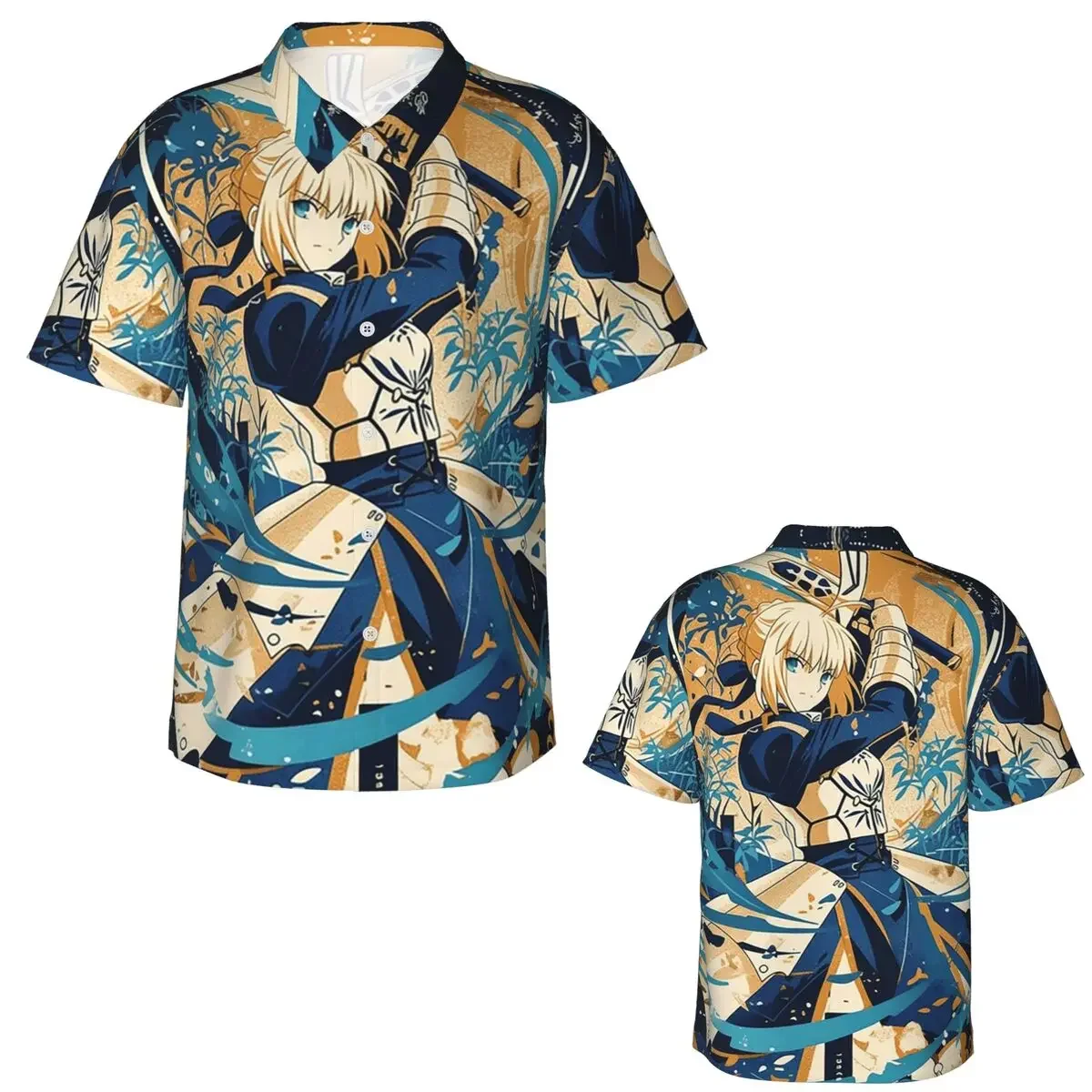 Saber Artoria Battle Ready Fate Stay Night Anime Hawaiian Shirts Funny Men Short Sleeve Shirt for Summer Beach Men's Button Tops