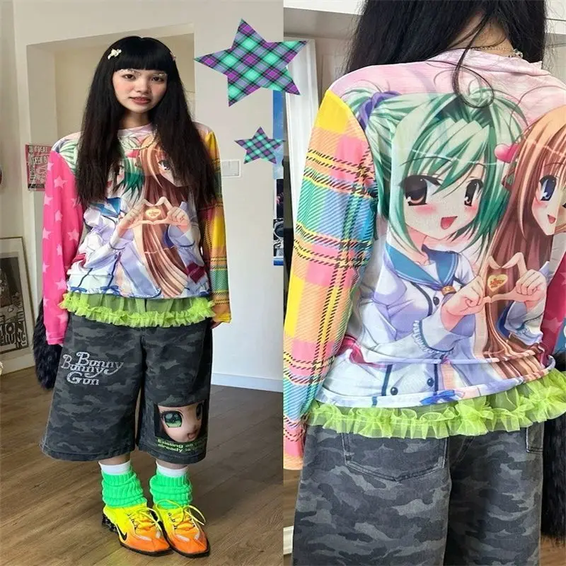 

Tops T-shirts Women's Spring/Autumn Cute Cartoon Round Neck Printed Slim Fit Long Sleeves Patchwork New Comfortable Casual Chic