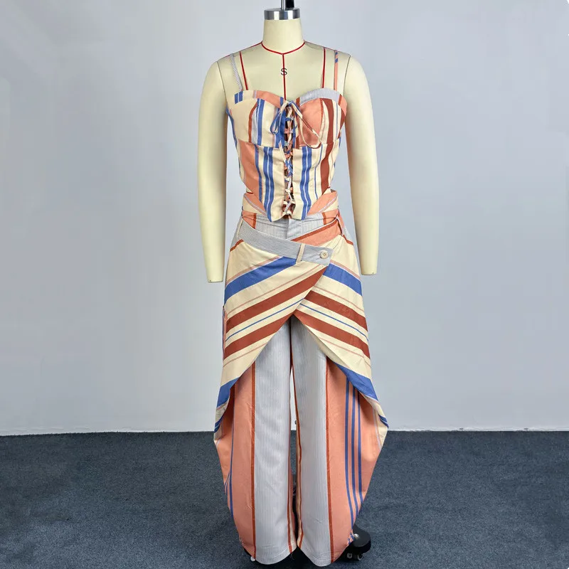 New Fashion Women Two Piece Set Spaghetti Strap Lace Up Crop Vest Top And Wide Leg Pants Set Streetwear - view 5