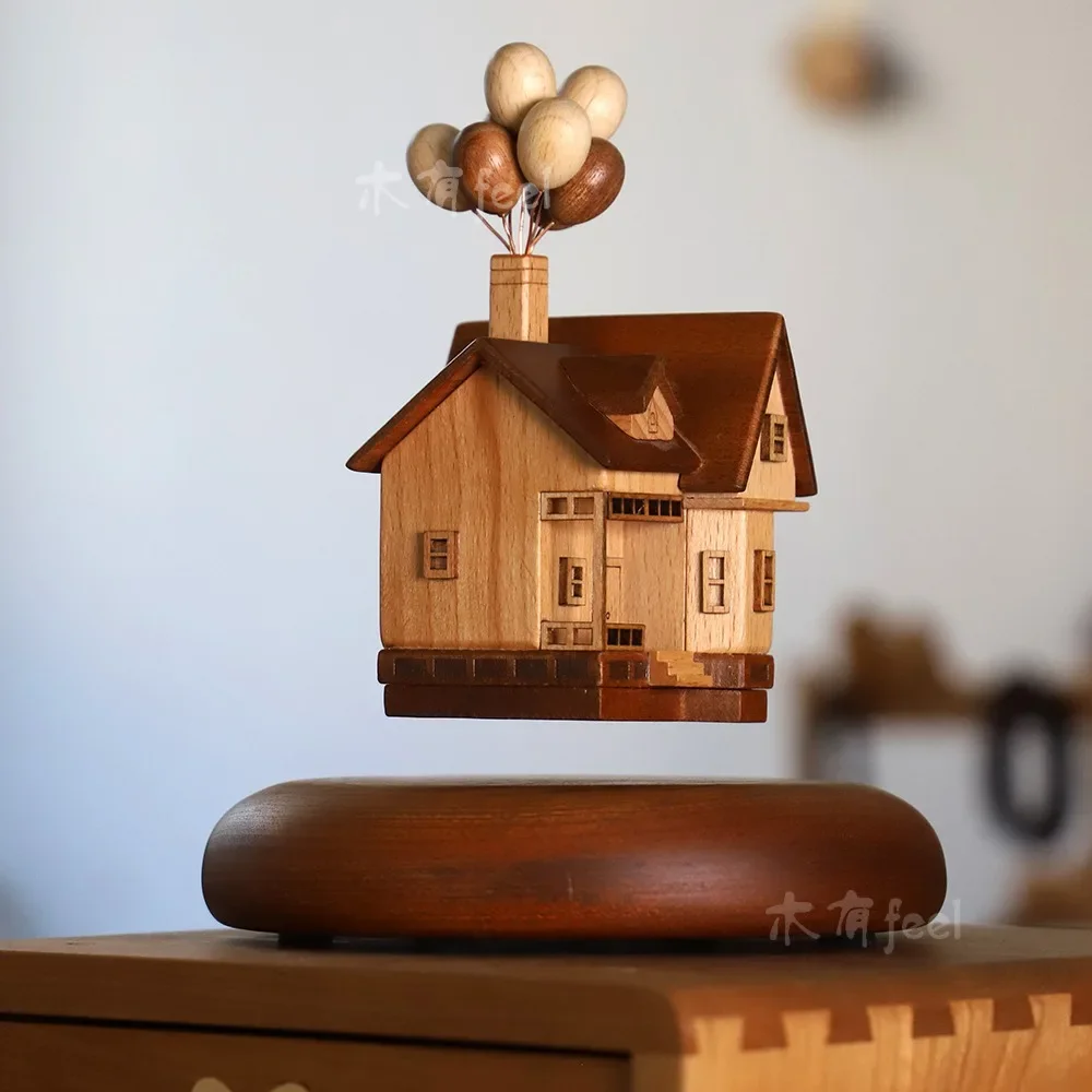 Maglev flying house ring travel ornament real wood creative balloon wooden house office desktop gift