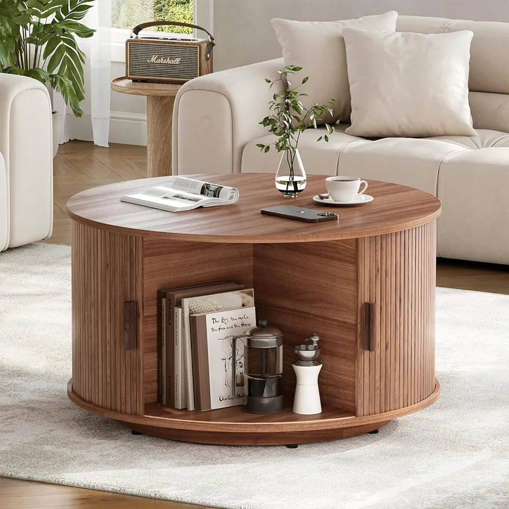 

Round Coffee Table with Storage,31.5 Drum Coffee Table with Sliding Tambour Door,Mid Century Modern Coffee Table with Sl