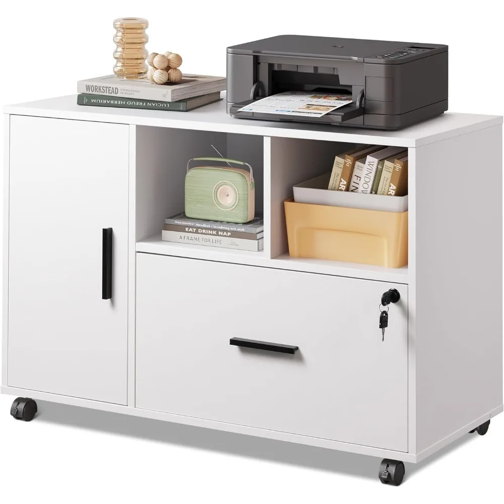 

Office File Cabinet with Lock, 1-Drawer Wood Lateral Filing Cabinet on Wheels, Printer Stand with Open Storage Shelves