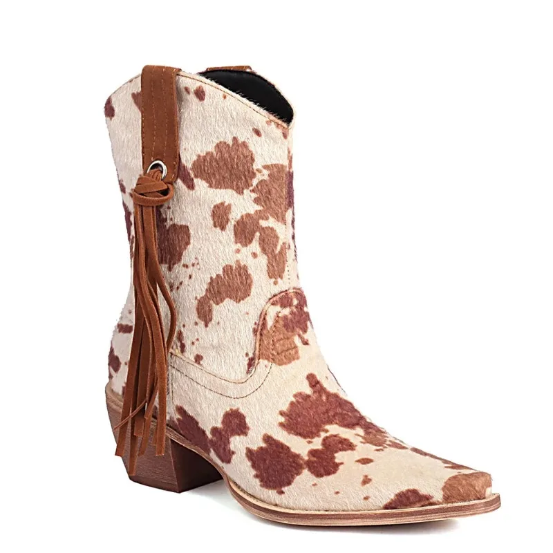 New Vintage Pointy Toe Horsehair Cowboy Boots Women Retro Leopard Block Heels Slip on Shoes Big Size 43