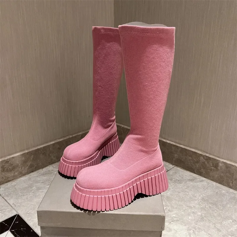 Women High Fly-knitted Elastic Boots 2024 Autumn New Slip on Chunky Platform Ankle Boots Woman Fashion Pink Thick Bottom Botas