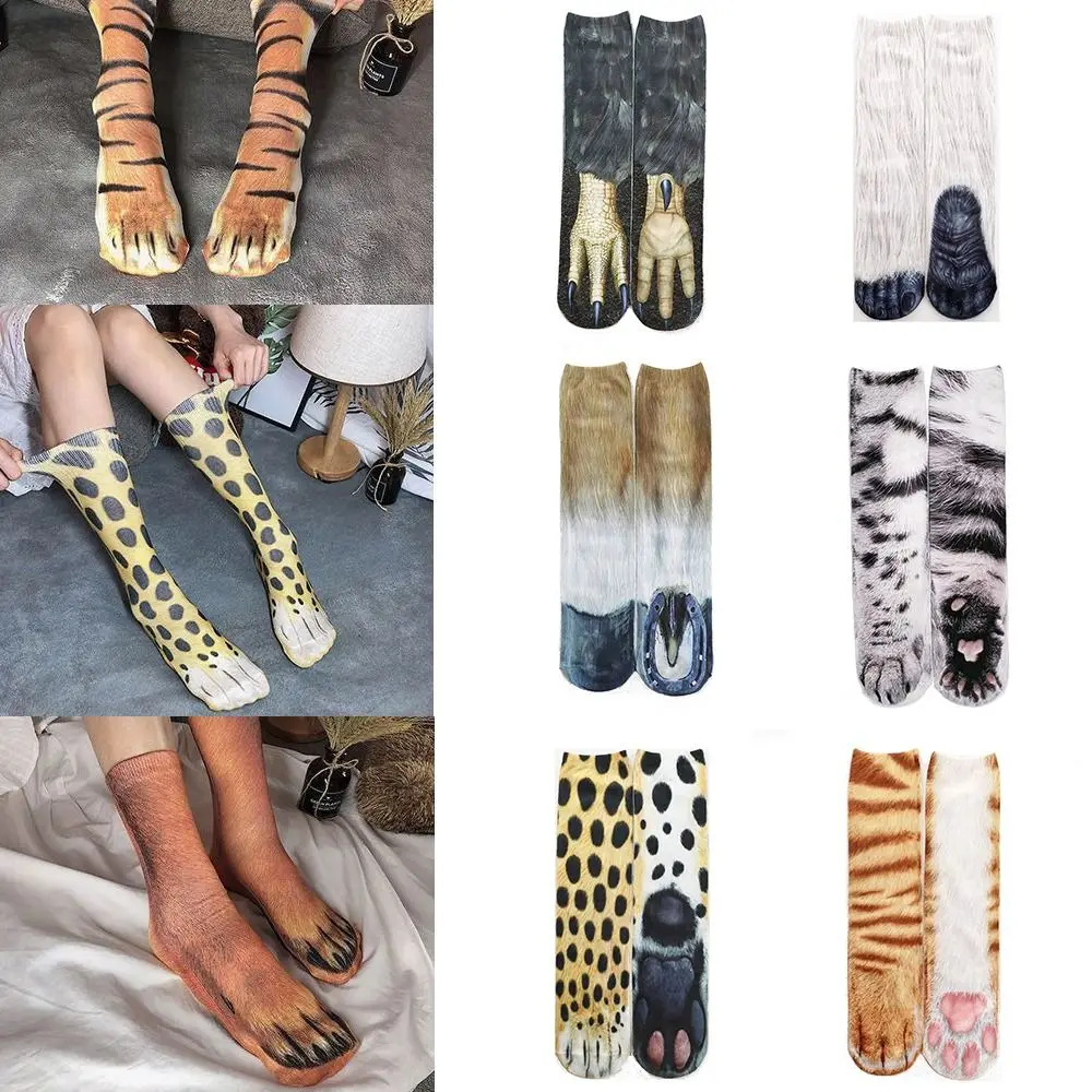 Gift Polyester 3D Print Animal Paw Socks Simulation Novelty Leopard Socks Harajuku Middle Tube Sock
