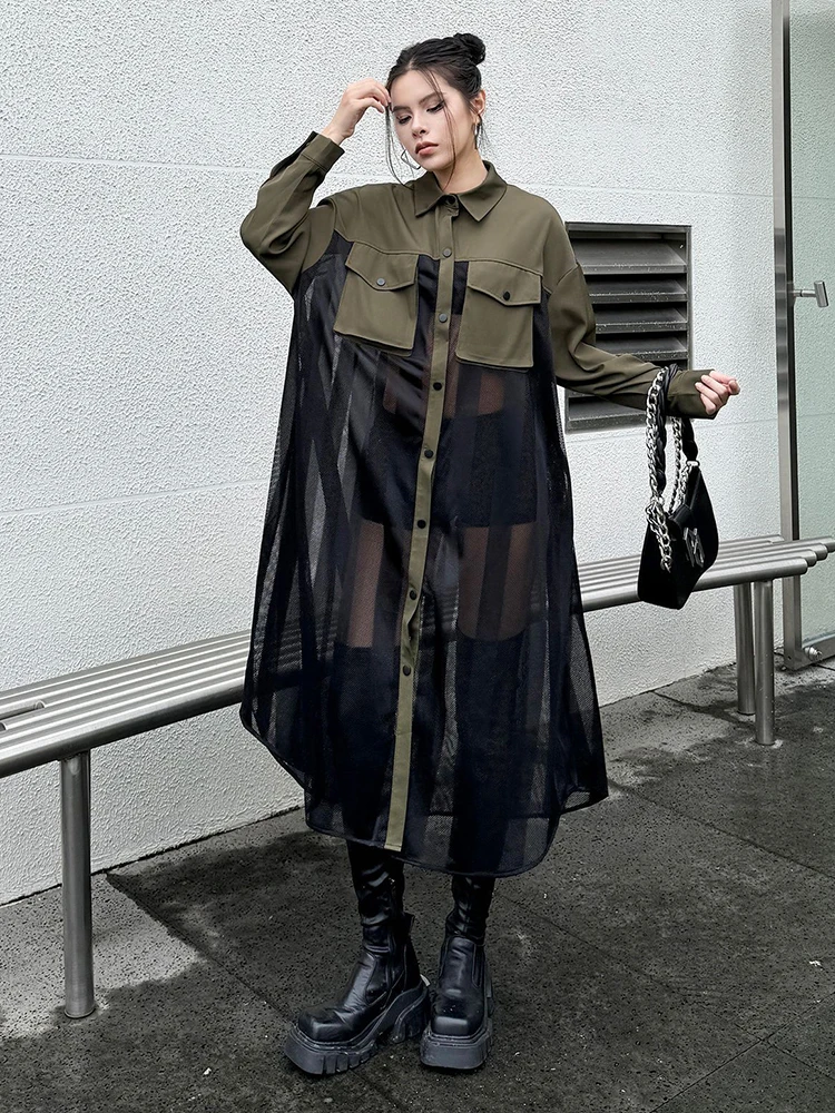 EAM Women Army Green Mesh Color-block Big Size Long Shirt Dress New Lapel Long Sleeve Fashion Tide Spring Autumn 2025 1DH6066