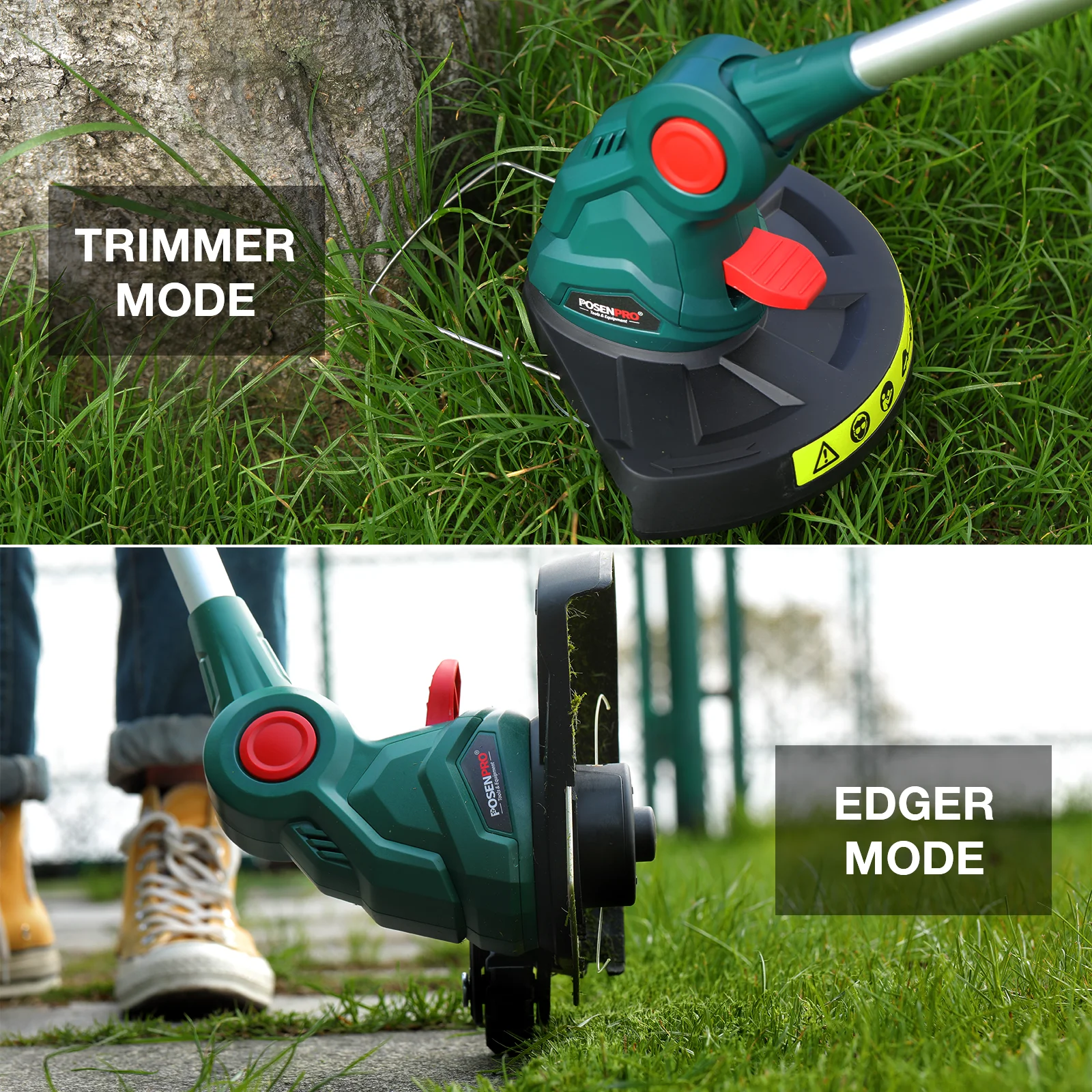 POSENPRO 20V Elektrischer Rasenmäher Kabelloser Rasentrimmer Teleskopstange Schneidwerkzeug für den Garten Zwei Schneidmethoden, Nylonseil und Klinge, Inklusive 20 Stück Nylonklingen