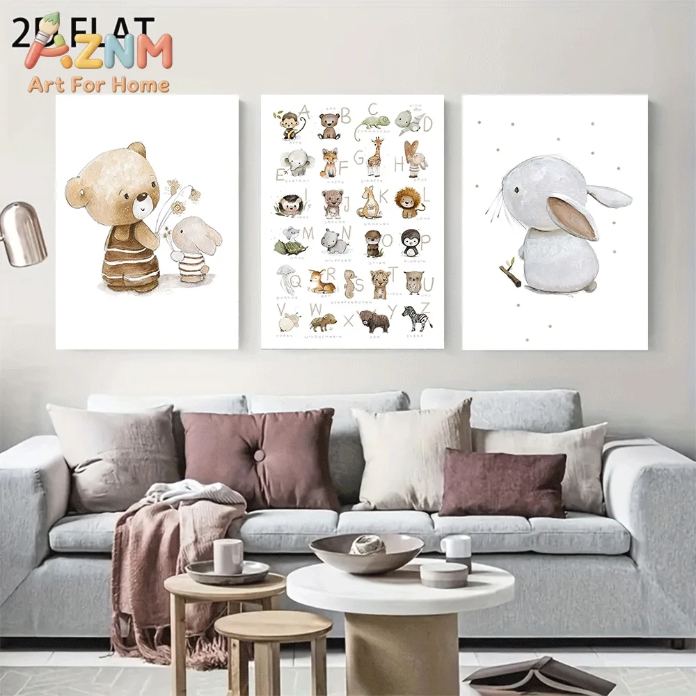 AZNM Watercolor Bear Rabbit Animal Alphabet Chart Canvas Wall Art, Woodland Creature ABC Educational Print Painting for Baby Nur