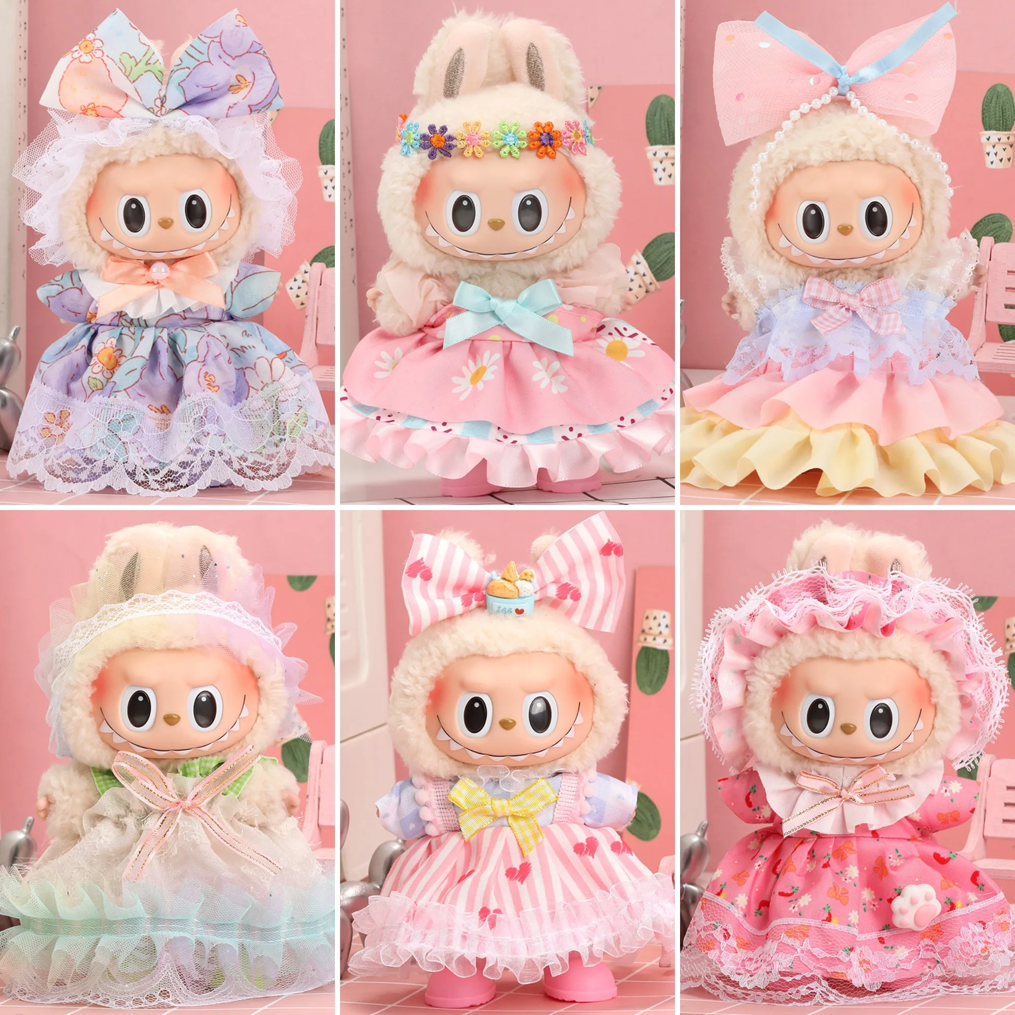 

15/17Cm Labubu 1st 2nd 3rd Gen Outfit Accessories Sweet Girly Princess Style Puffy Dress Sweet Pink Striped Dress Birthday Party