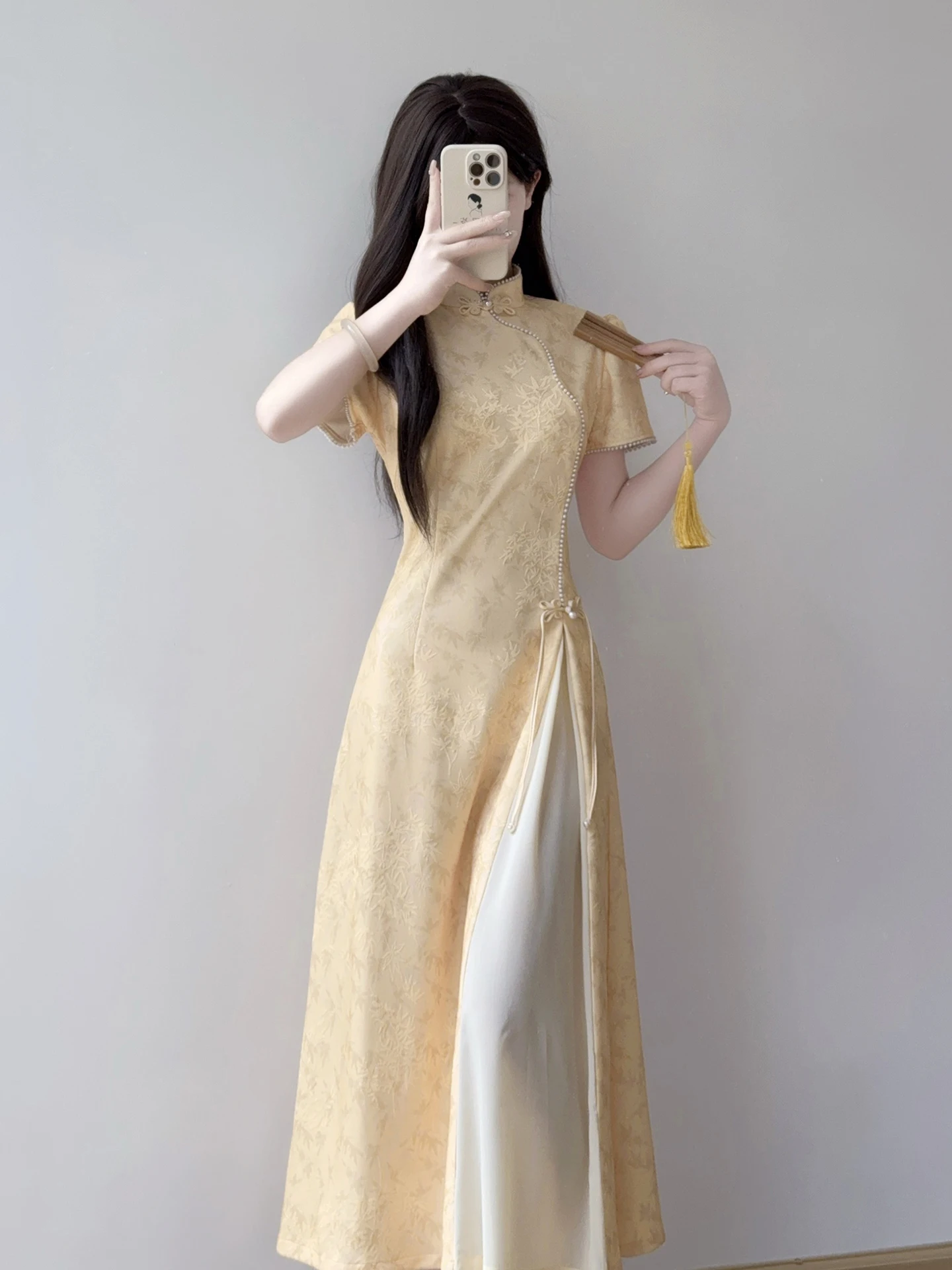 

Желтая юбка Ting Yue Ling для молодых женщин, с высокой талией, летняя, новая, в китайском стиле, длинная, повседневная, с жемчужной отделкой