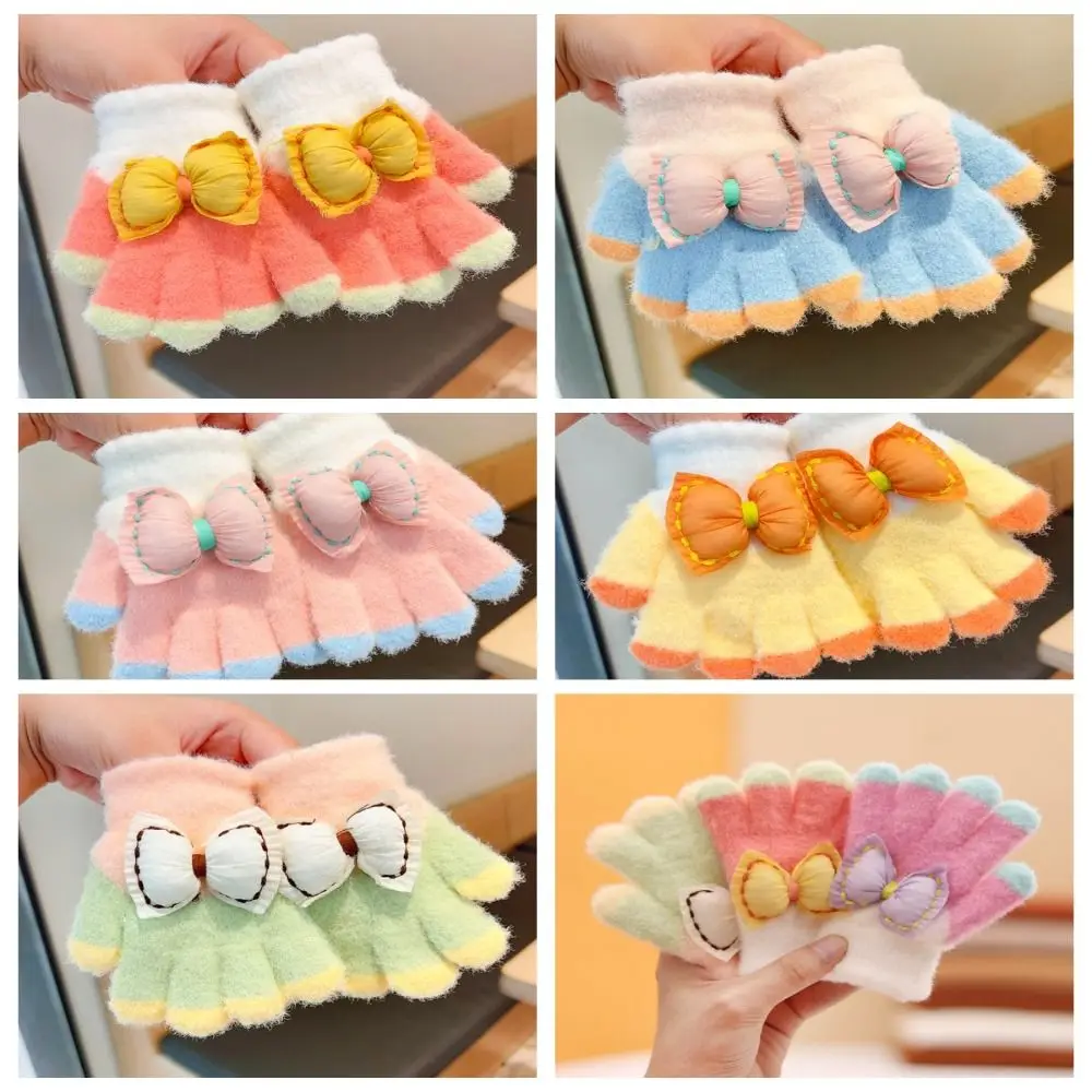 Cute Fluffy Children Gloves Patchwork Color Solid Color Bow Warm Gloves Thicken Full Finger Knitted Mittens Cycling