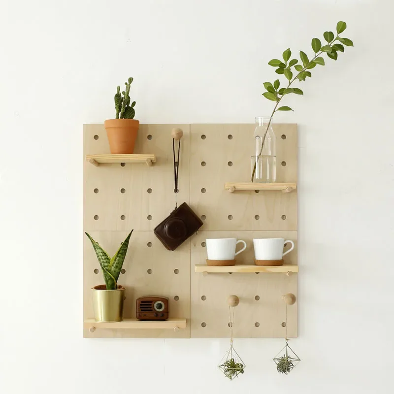 Perforated Hole Board Wood Wall Storage Rack Home Living Room TV Background Wall Decoration Creative Grid Hanging Clothes Hook