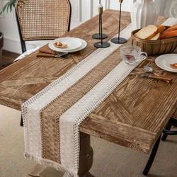 Table Runner Natural Cotton Burlap Striped Splicing Bohemian Style Tables Runner With Tassels Dining Wedding Home Decor