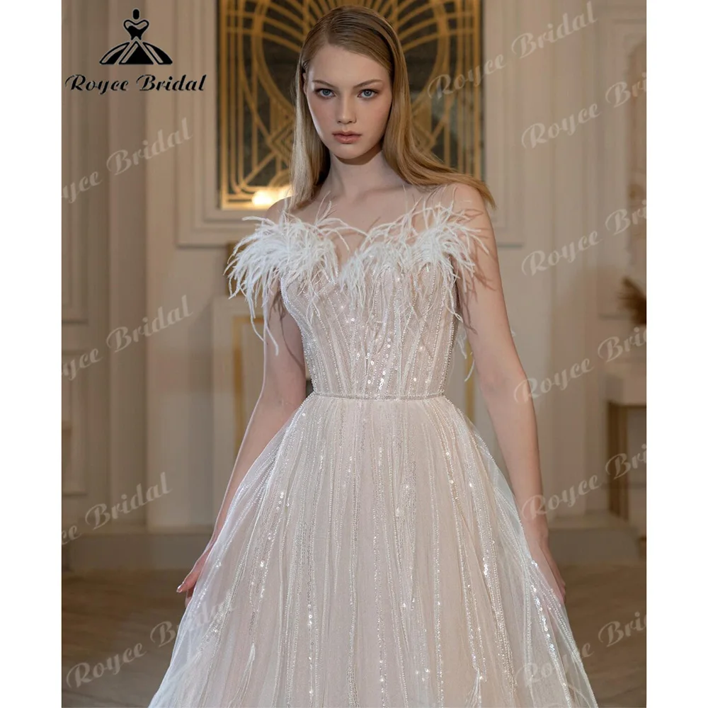 Ostrich Feathers Wedding Dress Corset Back Beaded Sequins Tulle With Chapel Train Luxury Wedding Party Dresses Customized