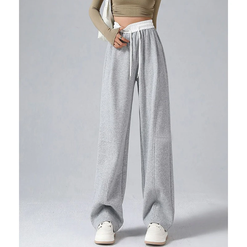 الفتيات الكلاسيكية مصمم واسعة الساق Sweatpants 2025 رائجة البيع الإناث عالية الخصر السراويل النساء الكورية فضفاض الرباط السراويل