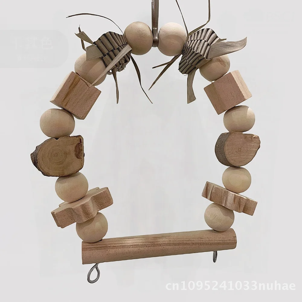 

Parrot Log Swing Building Blocks Palm Apple Wood Bird Toy Stand with Bite Feature Palm Leaf Pendant for Small Size Birds