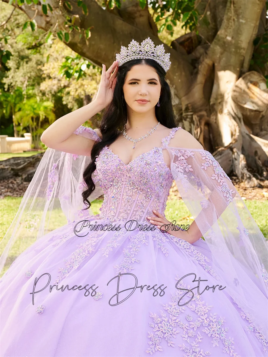 Платье принцессы Quinceanera с лавандовыми цветами, мексиканское платье с отдельным накидкой и бусинами, милое платье с кристаллами 16, платье на шнуровке 15 лет