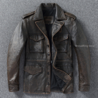 Classic M43 Trench Coat Cowhide Military Genuine Leather Jacket Medium and Long Multi-pocket Mens Vintage Leather Jacket