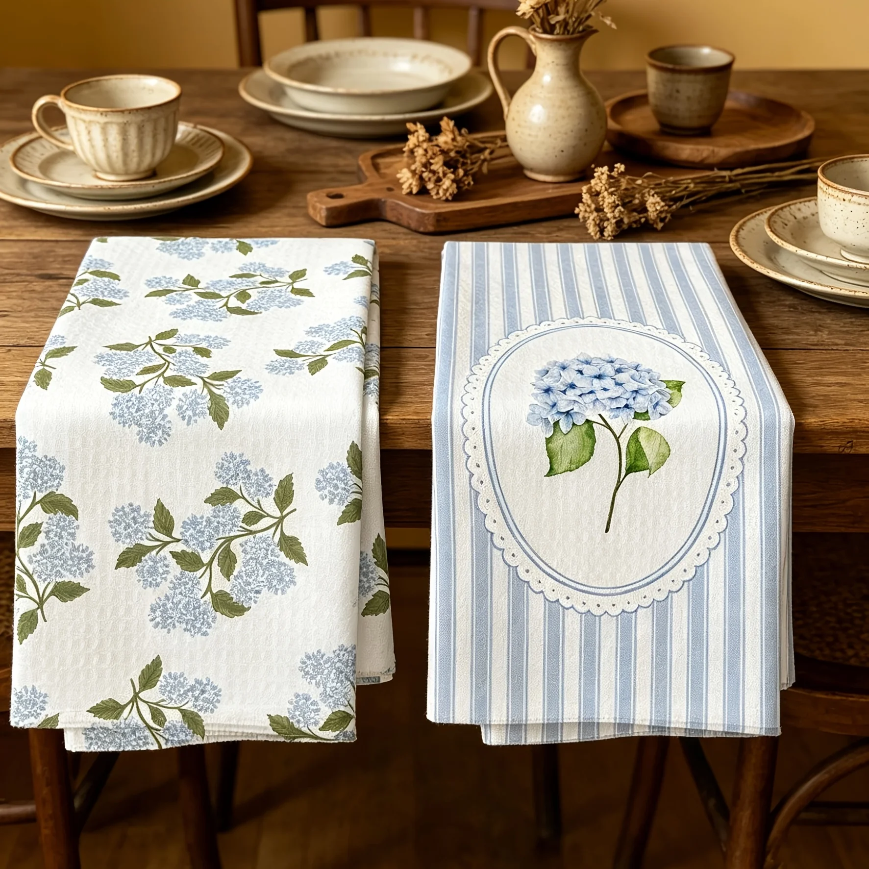 2 light blue hydrangea print kitchen towels bathroom use