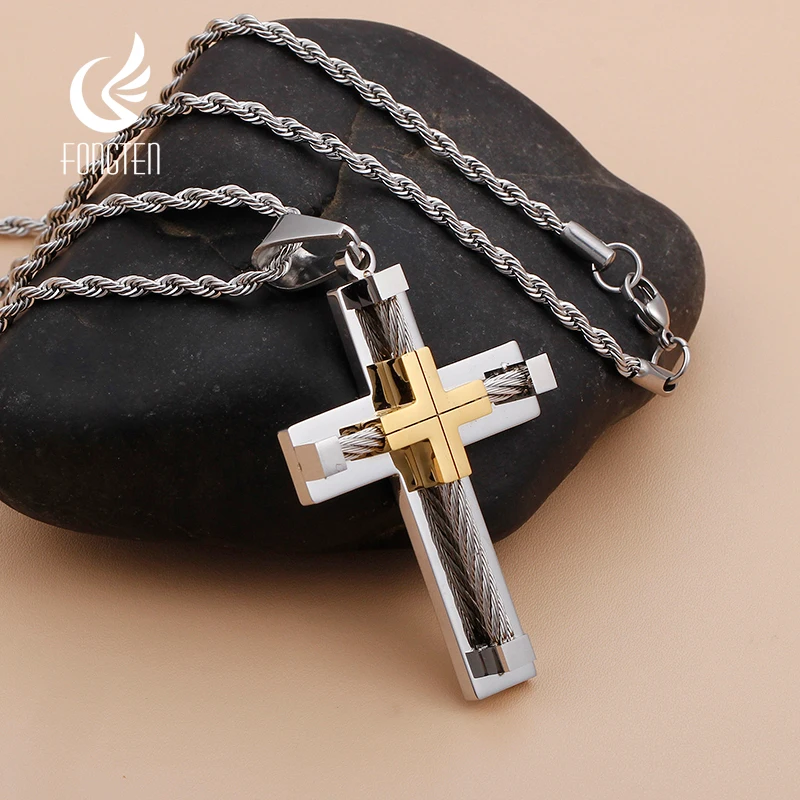 Fongten Stainless Steel Pendant Necklace for Men Multiple Color Cable Cross Twisted Link Chain Male Neck Christian Jewelry