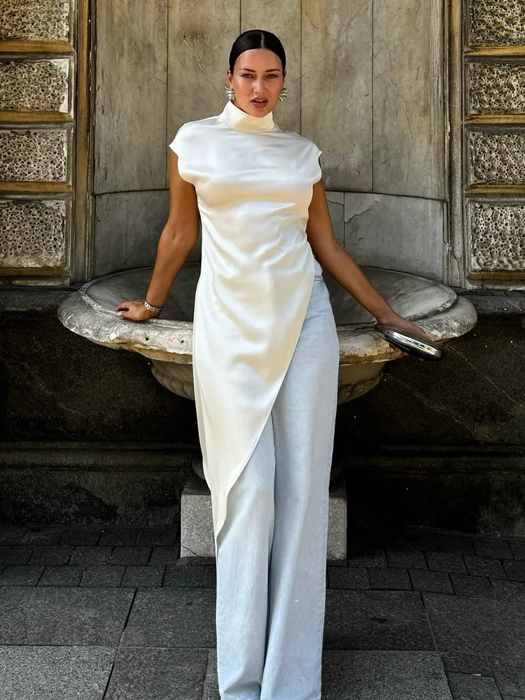 

Absobe Elegant Satin Sleeveless Top Women's Half Turtleneck Solid Color Asymmetrical Cut Draped X-Long Slim T-shirt Streetwear
