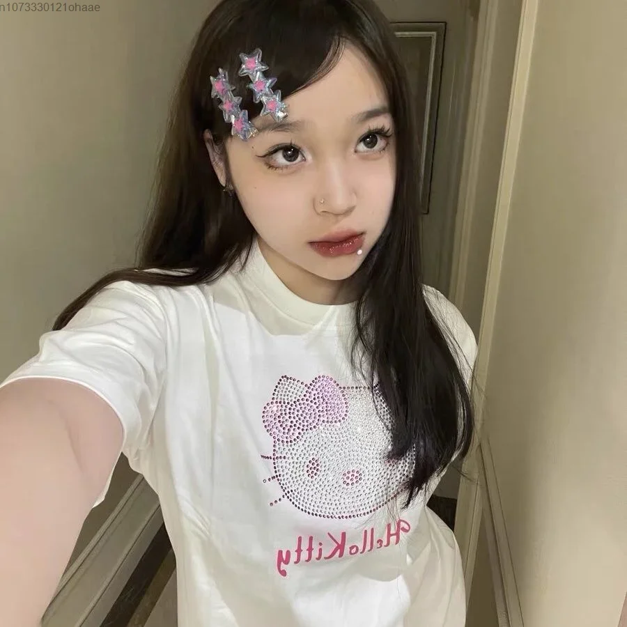 Sanrio Hello Kitty Cartoon Rhinestone Short Sleeve Tshirts Women Fashion Streetwear Loose Tee Shirt Girl Top Gift for Girlfriend