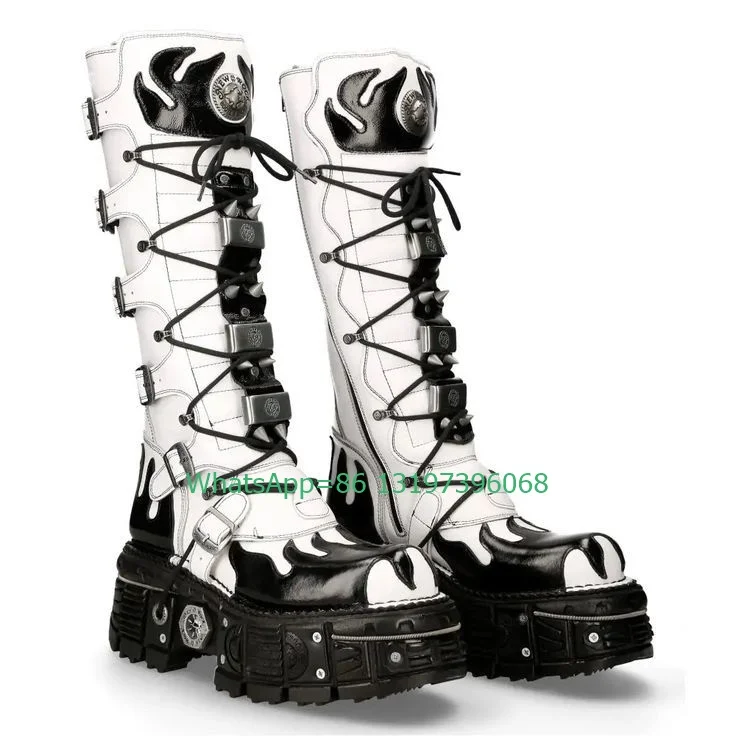 Lady White Black Punk Spike Rievt Design Calf Boots Footwear Cowboy Buckle Strap Zip Boots Platform Gothic Style Runway Boots 46