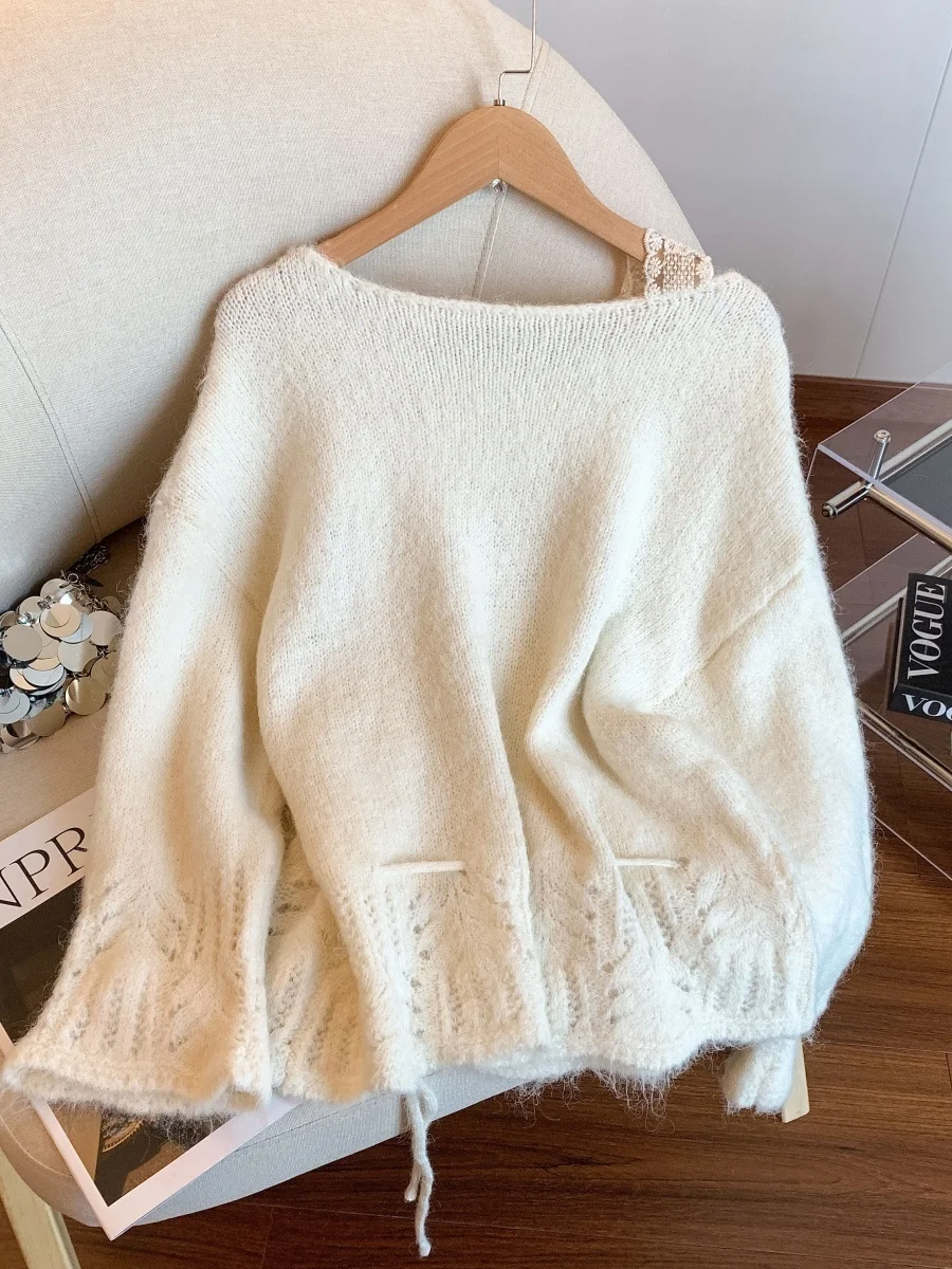 Süßer, sanfter Knoten-Sa-Pullover für Damen, lockeres, bequemes, langes Sve-Top für Herbst, Faion, lässig, gestricktes Polyester