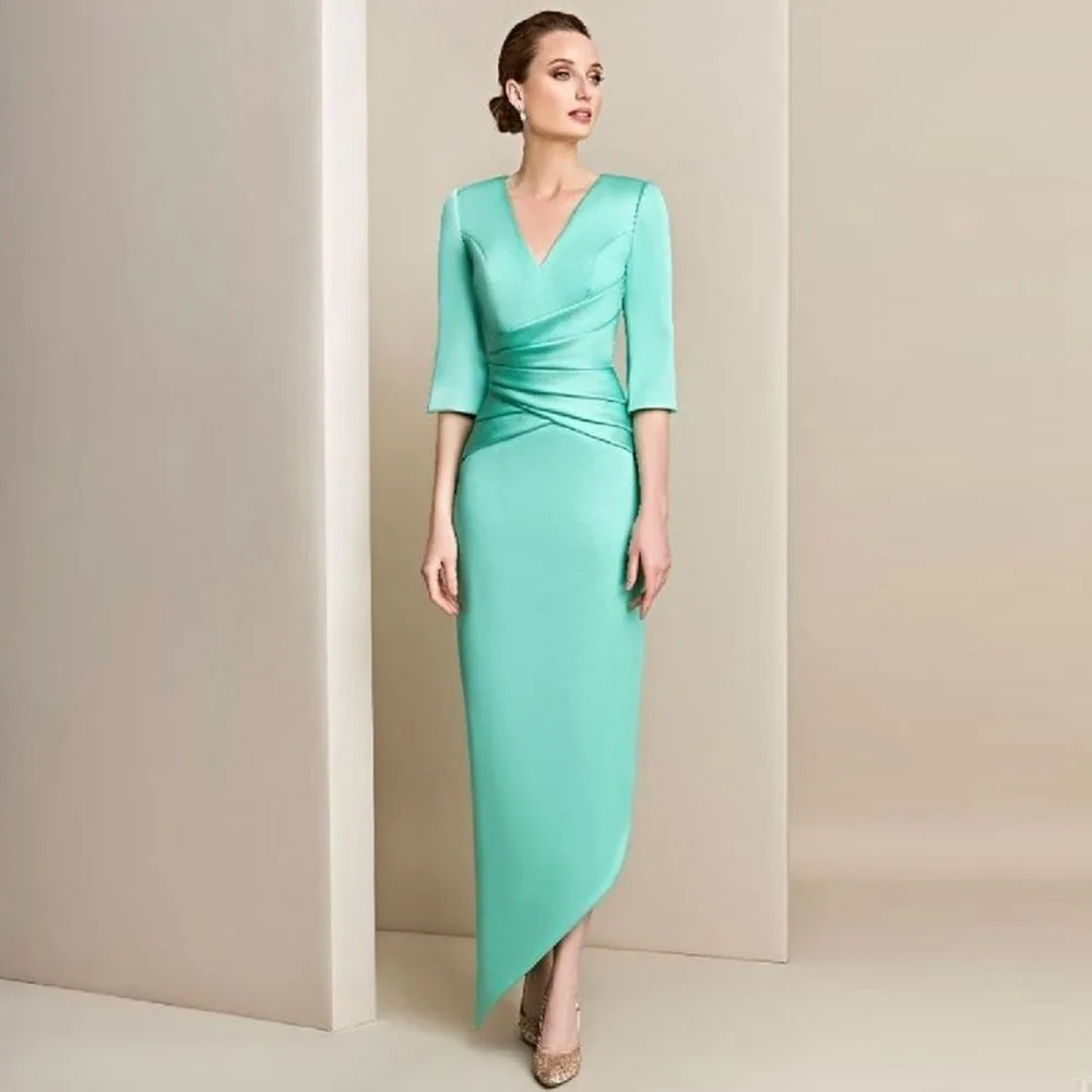 

Elegant Satin Mother of the Bride Dresses for Weddings Tea Length Column Wedding Guest Gowns Short 3/4 Sleeves Party Dress