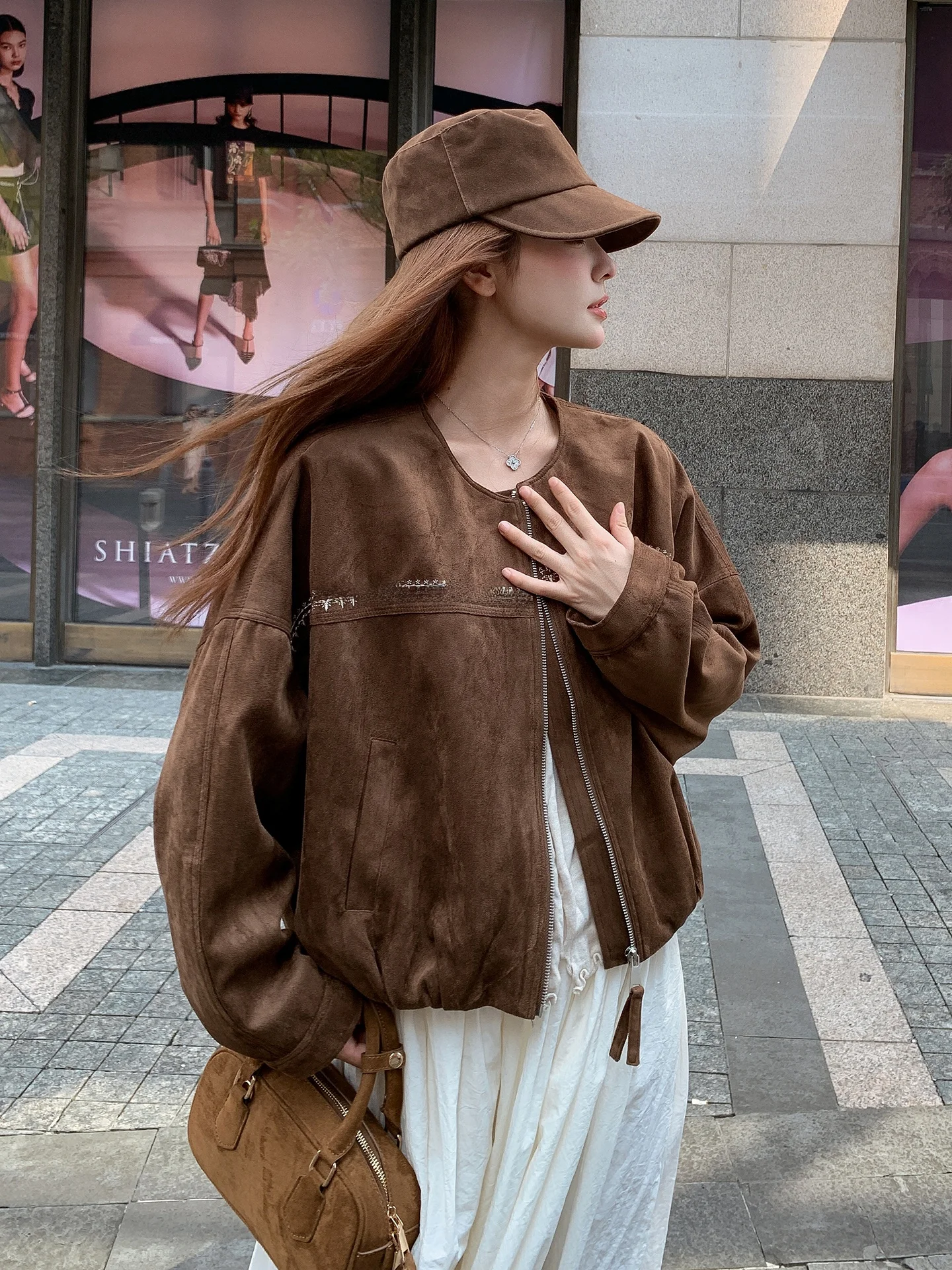 

American Retro Short Casual round Neck Jacket Women's Coffee Color Spring New Style Loose Fit Zipper Closure Straight Hemline