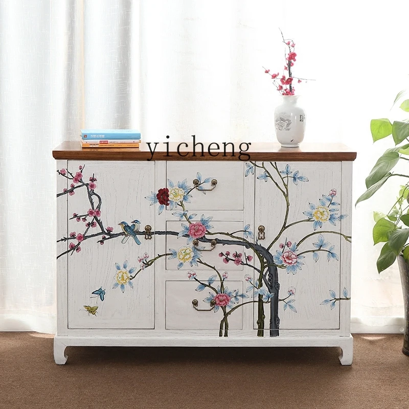 Tqh New Classical Chinese Painted Hallway Cabinet Solid Wood Antique Hand Painted Sideboard Cabinet