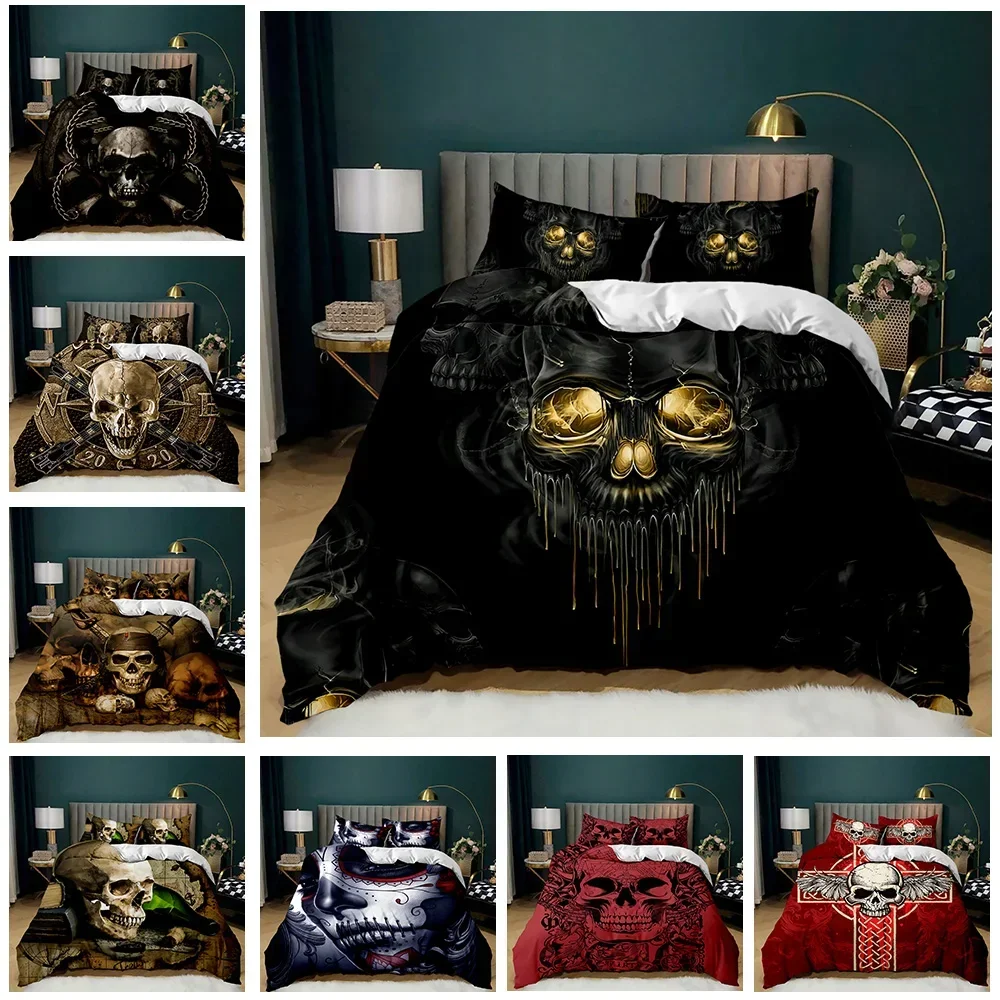 Skull Duvet Cover Set, Abstract Texture with Skull and Crossbones Pattern Aged Rusty Grunge Style 2/3pcs Polyester Bedding Set