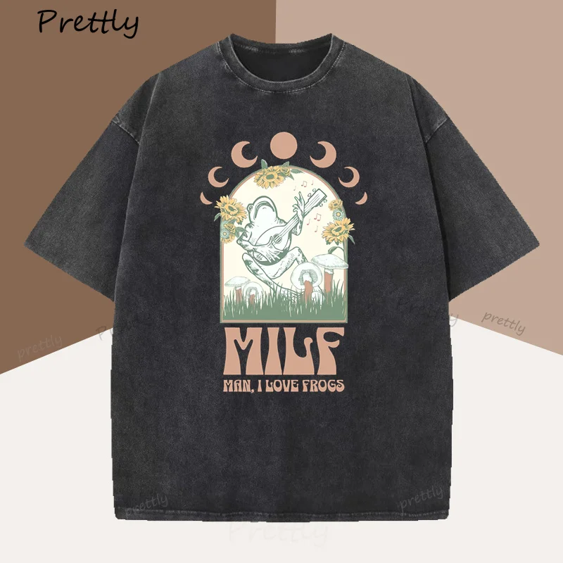 

Man I Love Frogs Mushroom T Shirt Woman Cotton Moon Graphic Tee Mystical Mushrooms T-shirt Vintage Round Neck Short Sleeve Tee