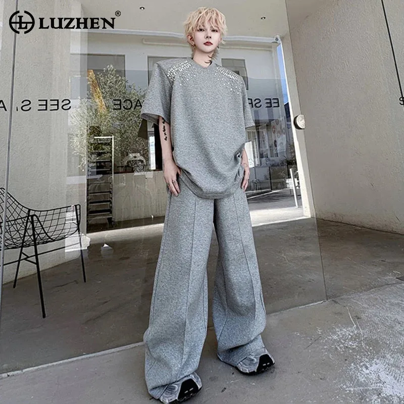 

LUZHEN Sequin 2025 Men's Summer Street Fashion Two-piece Sets Patchwork Design Shoulder Pad T-shirts Loose Casual Pants JY2636