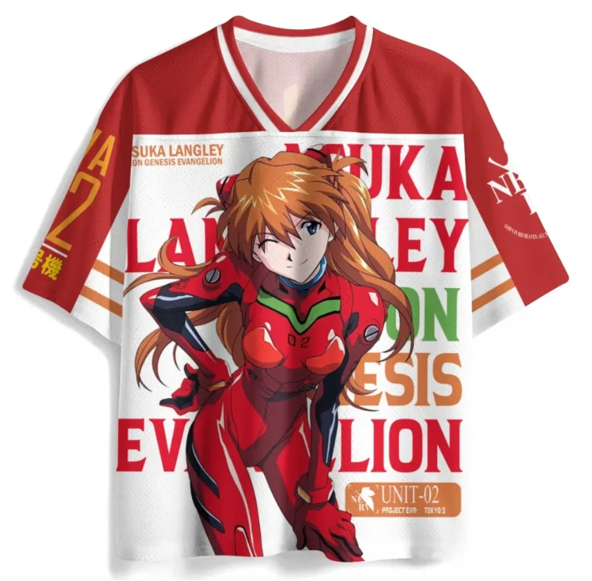 Gospel Warrior Print Network Eye Clothes Quick Drying V-neck Anime Asuka Unit 02 Mech Pattern Sports and Leisure Loose Top