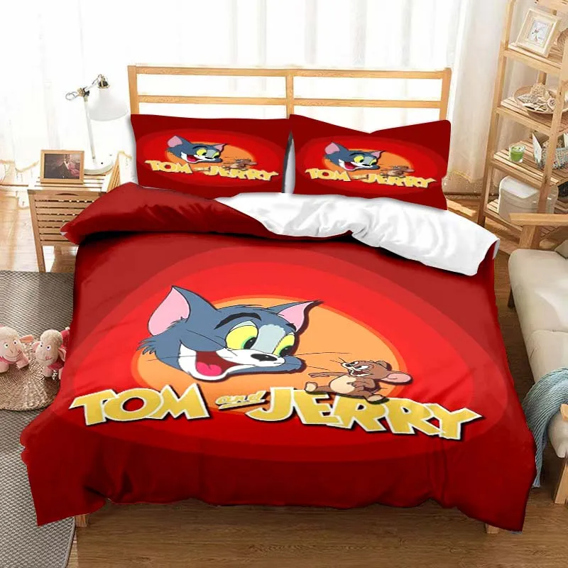 T-Tom Jerry Bedding Set Cute Cartoon Mouse Pattern Duvet Cover Pillowcase Double Bed King Size Bedding Bed Three-piece Set Gift